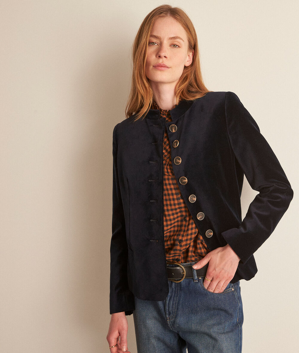 Veste Velours Ras Femme Bleu Nuit Veste courte en velours bleu marine Tang Femme | Maison 123