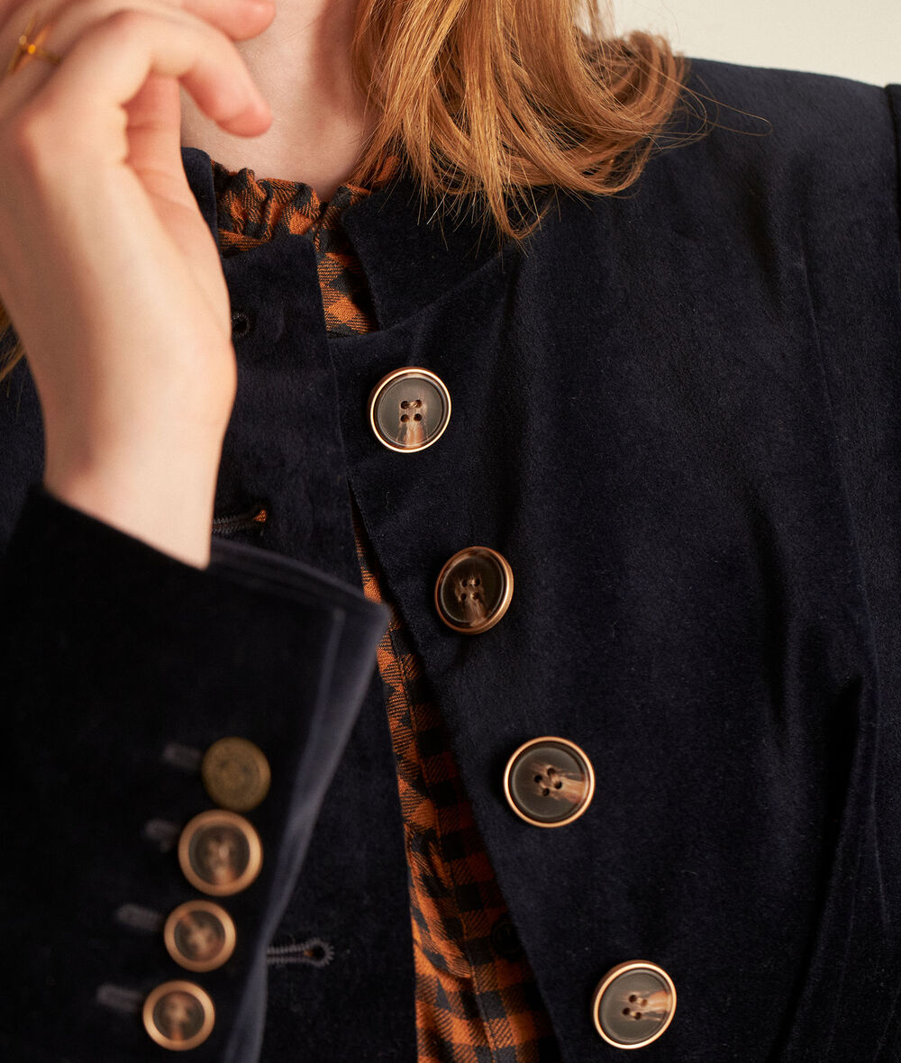 Veste Velours Ras Femme Bleu Nuit Veste courte en velours bleu marine Tang Femme | Maison 123