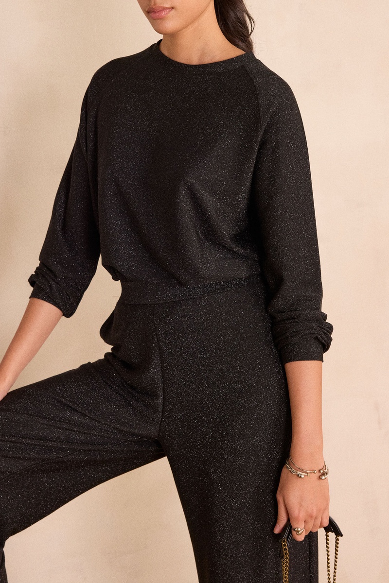 Haut Paillettes Femme Manches Longues Col V – Maille Argentée Ample – Pull Festif Brillant – Tendance Soirée